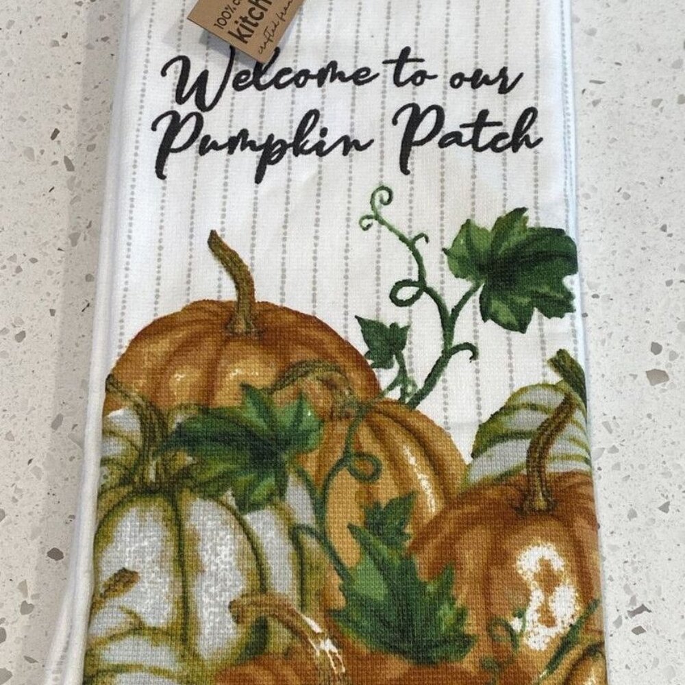 Thanksgiving cotton kitchen towels holiday fall  pumpkin patch orange pack of 2